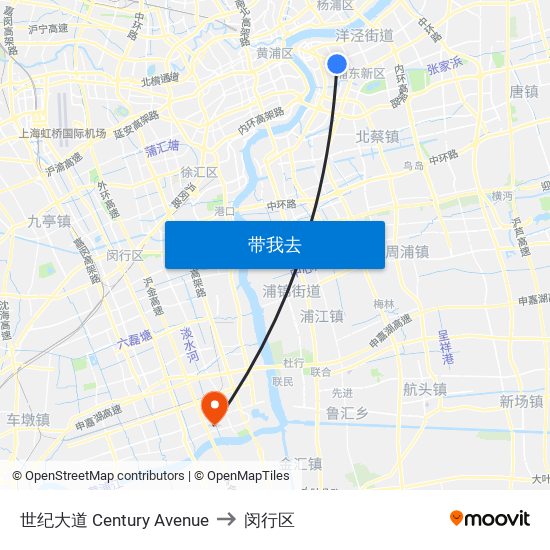 世纪大道 Century Avenue to 闵行区 map