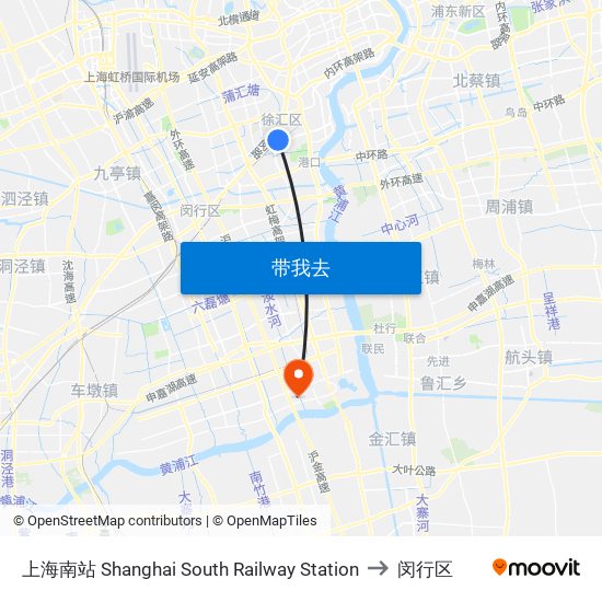 上海南站 Shanghai South Railway Station to 闵行区 map
