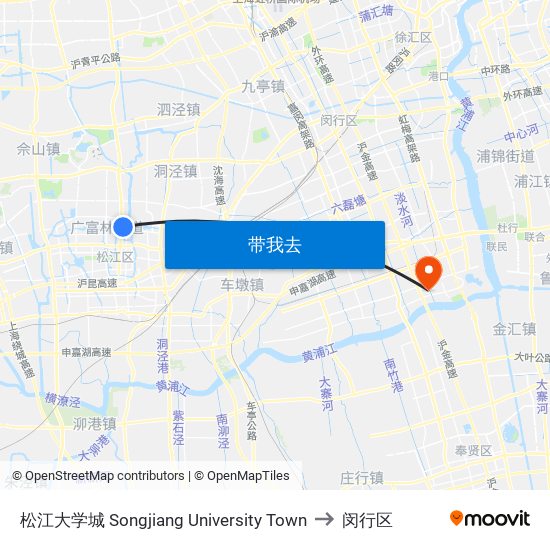 松江大学城 Songjiang University Town to 闵行区 map