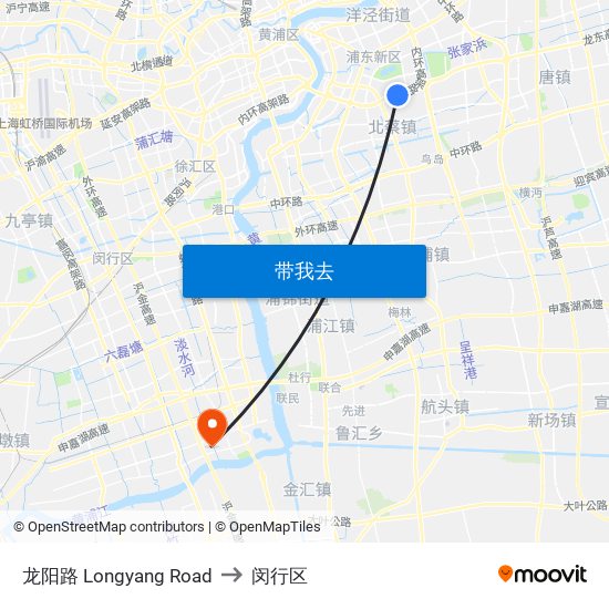 龙阳路 Longyang Road to 闵行区 map