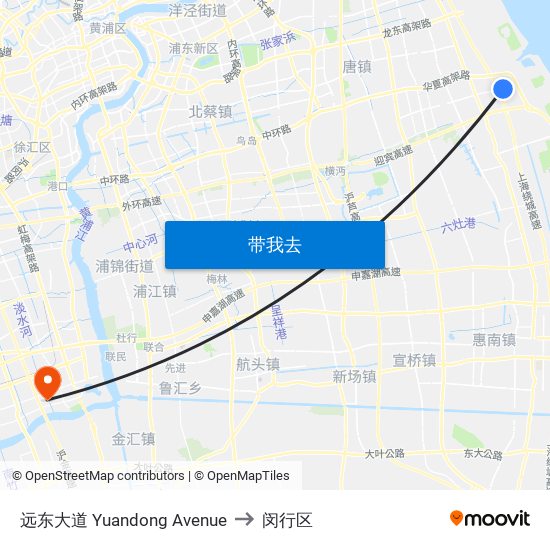 远东大道 Yuandong Avenue to 闵行区 map