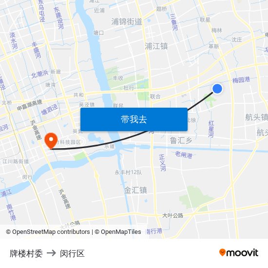 牌楼村委 to 闵行区 map