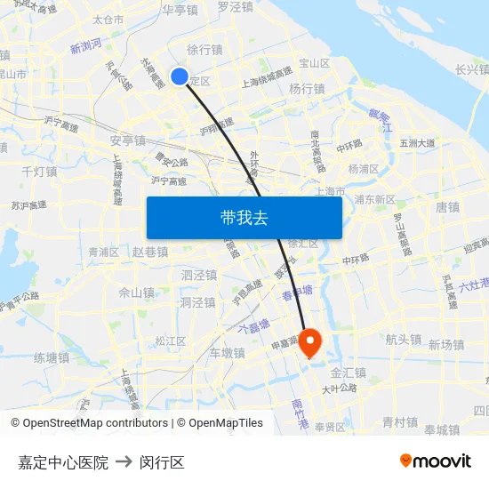 嘉定中心医院 to 闵行区 map