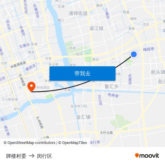 牌楼村委 to 闵行区 map