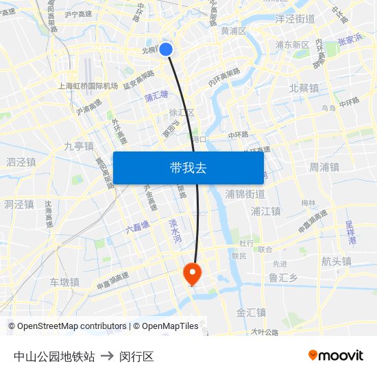 中山公园地铁站 to 闵行区 map