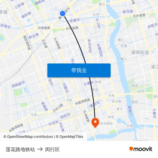 莲花路地铁站 to 闵行区 map