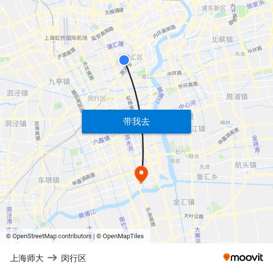 上海师大 to 闵行区 map