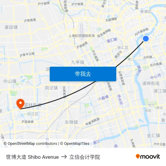 世博大道 Shibo Avenue to 立信会计学院 map
