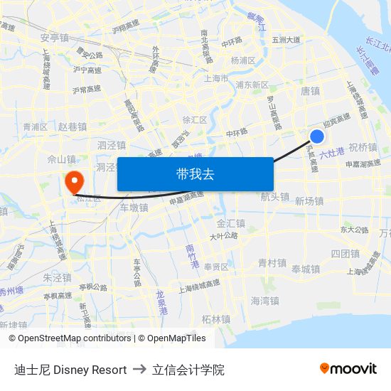 迪士尼 Disney Resort to 立信会计学院 map