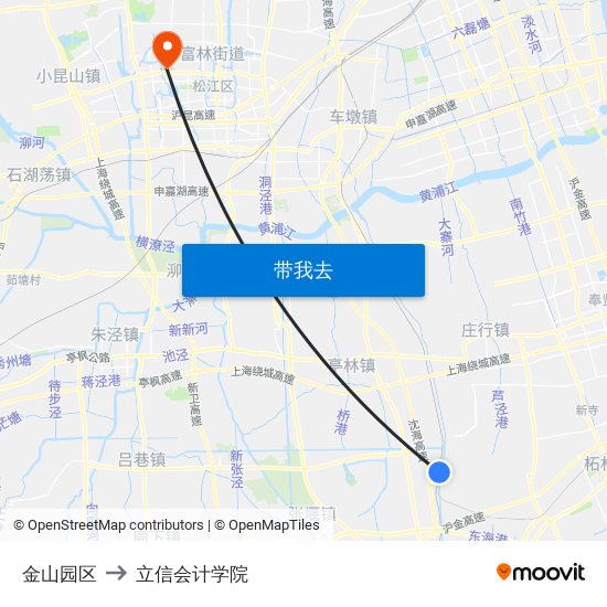 金山园区 to 立信会计学院 map