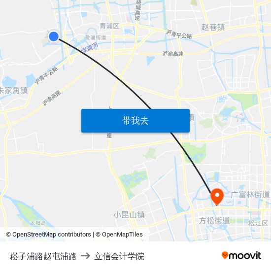 崧子浦路赵屯浦路 to 立信会计学院 map