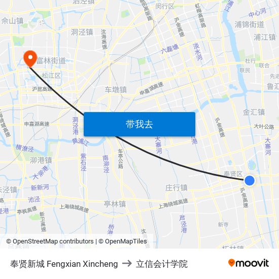 奉贤新城 Fengxian Xincheng to 立信会计学院 map