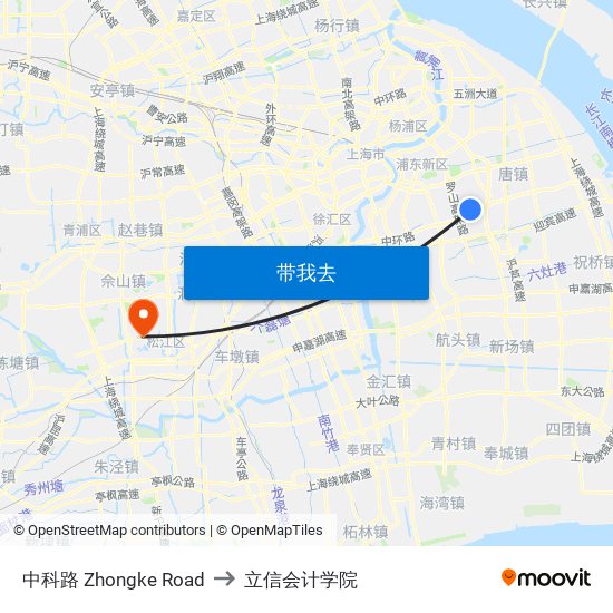中科路 Zhongke Road to 立信会计学院 map