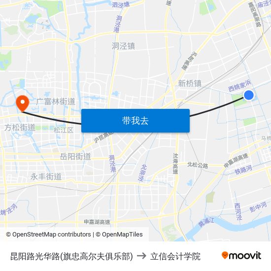 昆阳路光华路(旗忠高尔夫俱乐部) to 立信会计学院 map