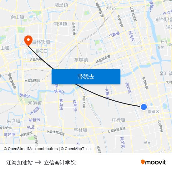 江海加油站 to 立信会计学院 map