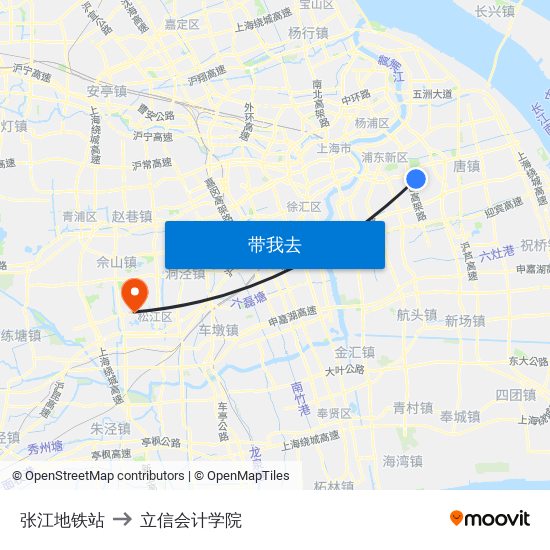 张江地铁站 to 立信会计学院 map