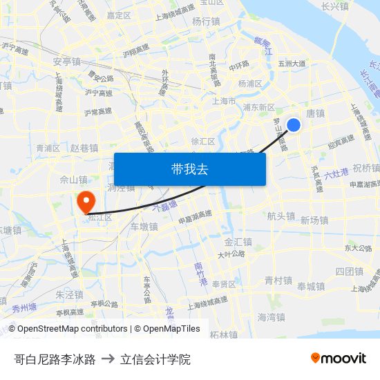 哥白尼路李冰路 to 立信会计学院 map