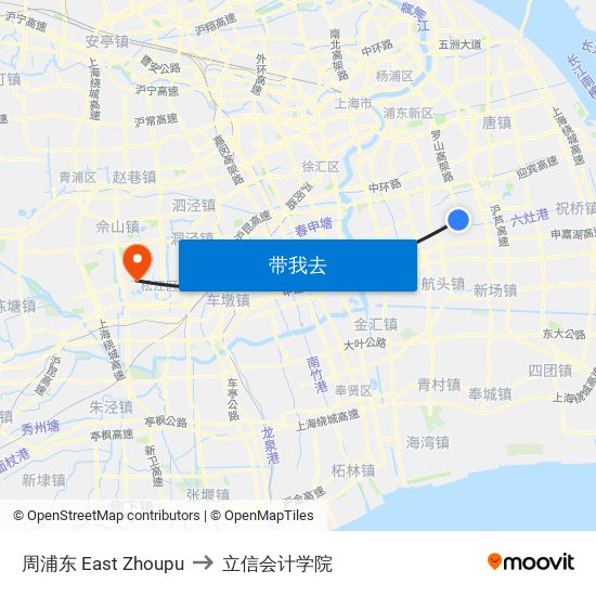周浦东 East Zhoupu to 立信会计学院 map