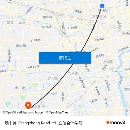 场中路 Changzhong Road to 立信会计学院 map