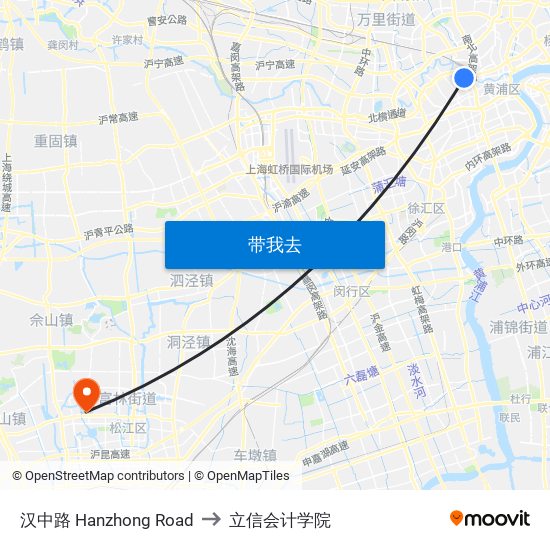 汉中路 Hanzhong Road to 立信会计学院 map