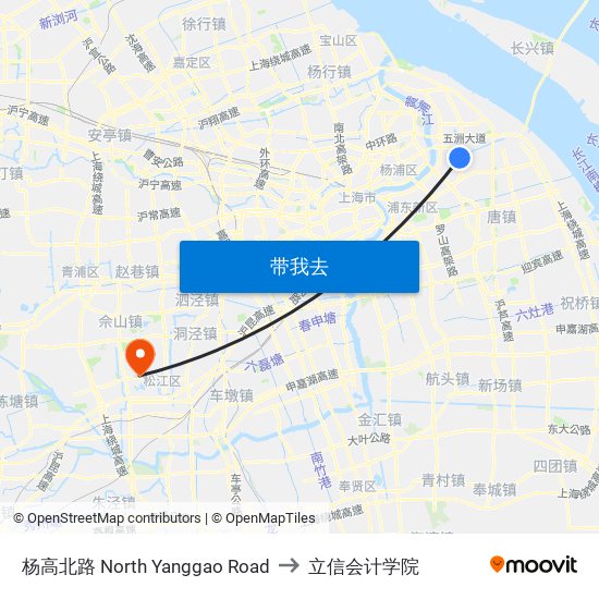 杨高北路 North Yanggao Road to 立信会计学院 map