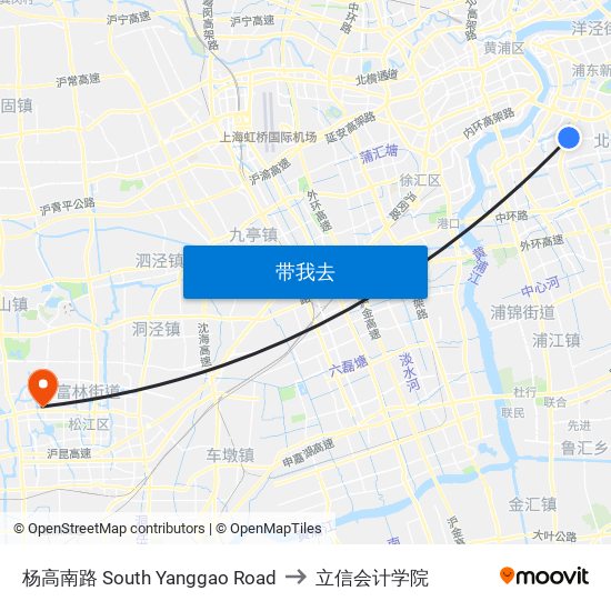 杨高南路 South Yanggao Road to 立信会计学院 map