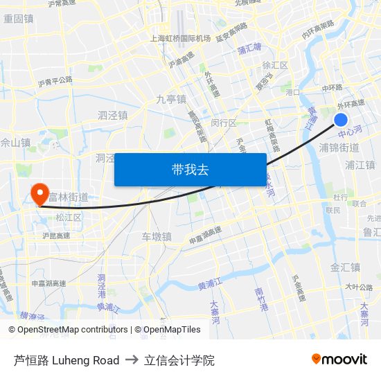 芦恒路 Luheng Road to 立信会计学院 map