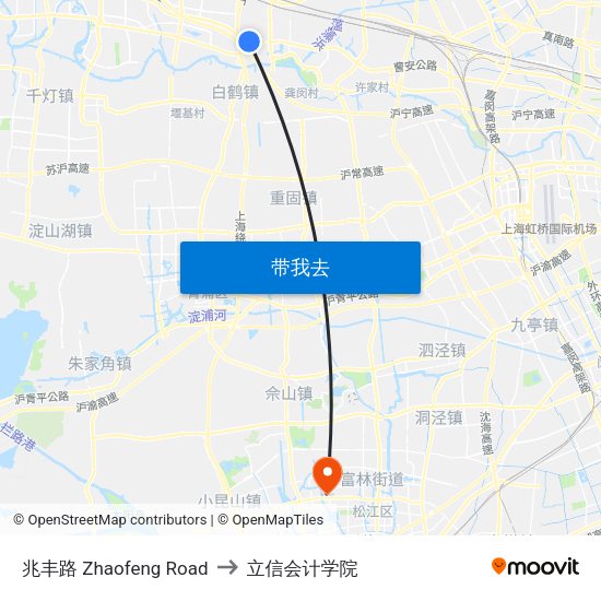 兆丰路 Zhaofeng Road to 立信会计学院 map