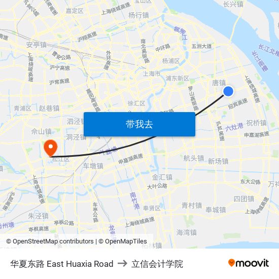 华夏东路 East Huaxia Road to 立信会计学院 map