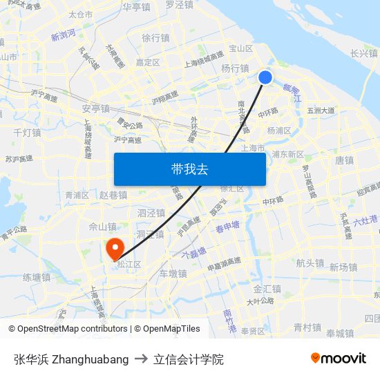 张华浜 Zhanghuabang to 立信会计学院 map