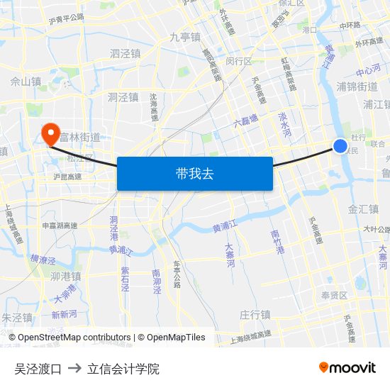 吴泾渡口 to 立信会计学院 map