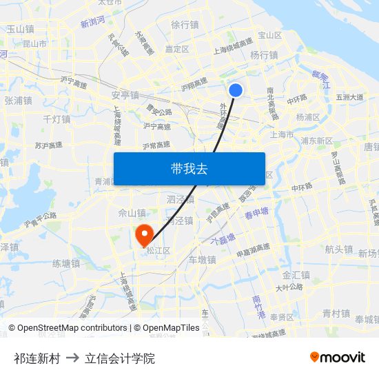 祁连新村 to 立信会计学院 map