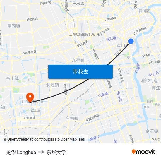 龙华 Longhua to 东华大学 map