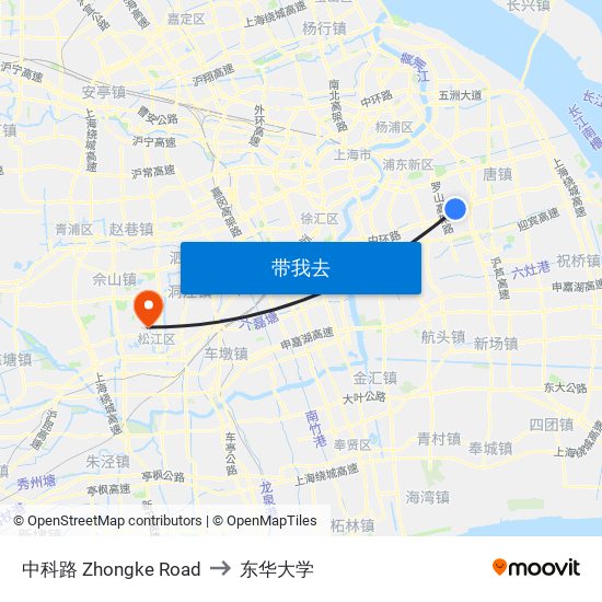中科路 Zhongke Road to 东华大学 map