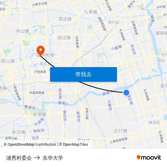 浦秀村委会 to 东华大学 map