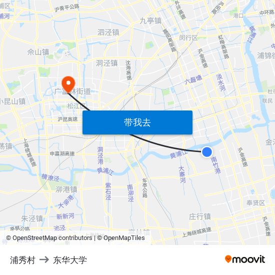 浦秀村 to 东华大学 map