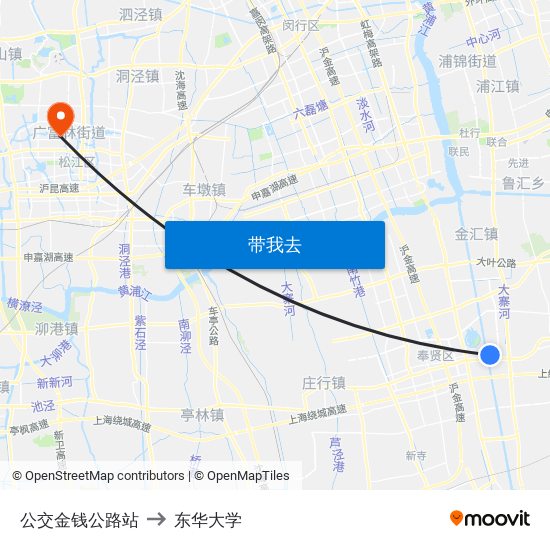 公交金钱公路站 to 东华大学 map