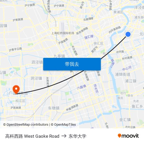 高科西路 West Gaoke Road to 东华大学 map