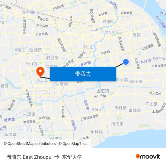 周浦东 East Zhoupu to 东华大学 map