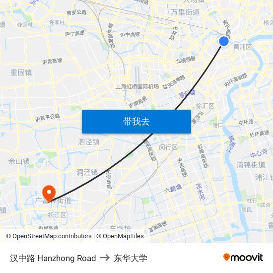 汉中路 Hanzhong Road to 东华大学 map