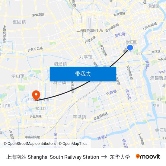 上海南站 Shanghai South Railway Station to 东华大学 map