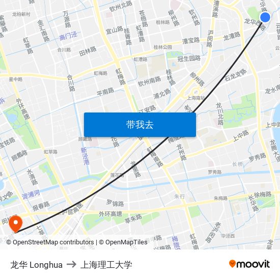 龙华 Longhua to 上海理工大学 map