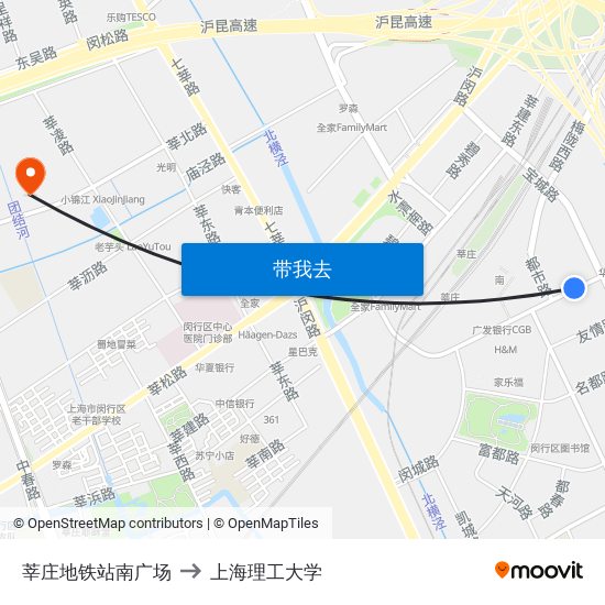 莘庄地铁站南广场 to 上海理工大学 map