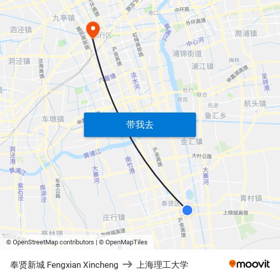 奉贤新城 Fengxian Xincheng to 上海理工大学 map
