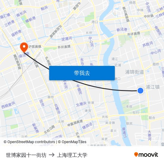 世博家园十一街坊 to 上海理工大学 map