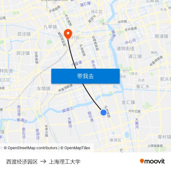 西渡经济园区 to 上海理工大学 map