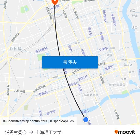 浦秀村委会 to 上海理工大学 map