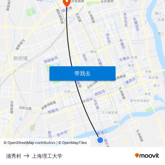 浦秀村 to 上海理工大学 map