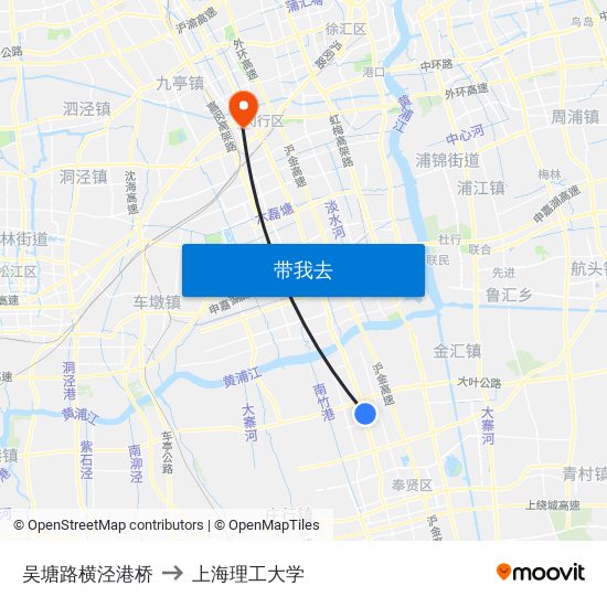 吴塘路横泾港桥 to 上海理工大学 map