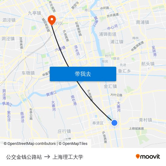 公交金钱公路站 to 上海理工大学 map